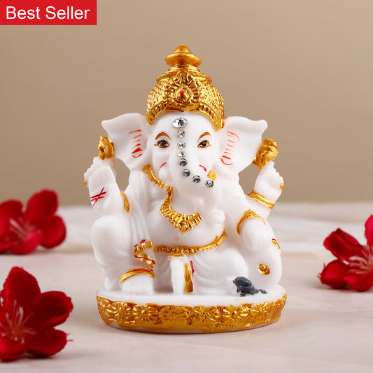 Divine White and Golden Shree Ganesha Table Top Idol