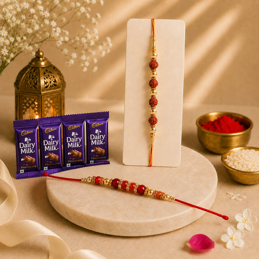 Set Of 2 Pearl And Rudraksha Rakhi With Cadbury Dairy Milk