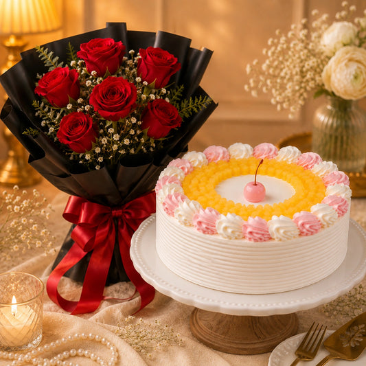 6 Red Roses, Pineapple Cake & Greeting Card