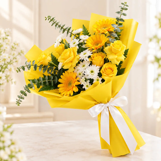 Sunny 5 Yellow Roses & 3 Yellow Gerberas Bouquet with White Daisy