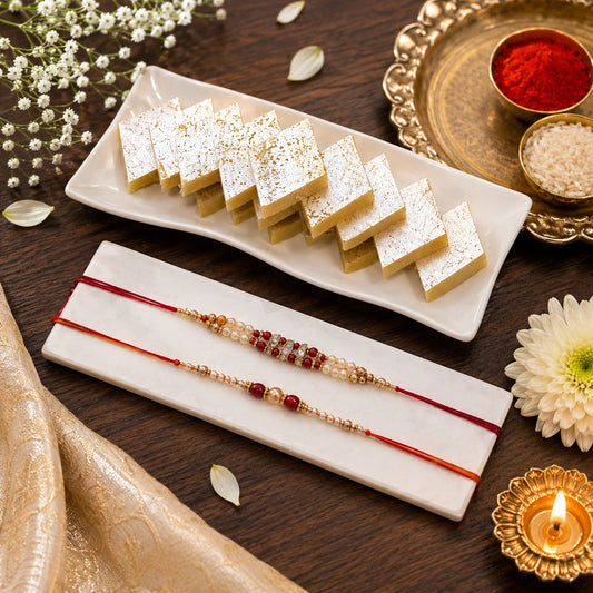 Set Of 2 Pearl Rakhi With Kaju Katli