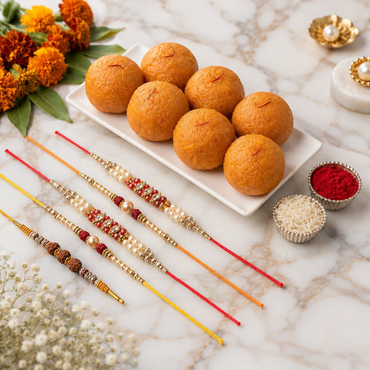 Set Of 5 Rakhi With Motichoor Laddoo