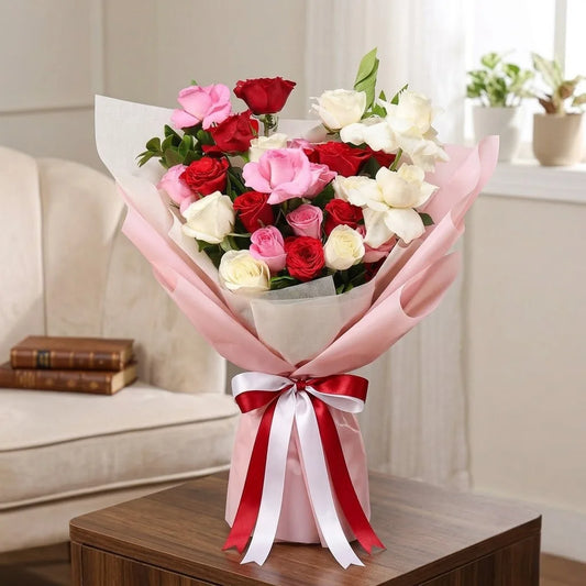 Colourful 24 Red, Pink & White Roses Bouquet in Pink & White Wrap