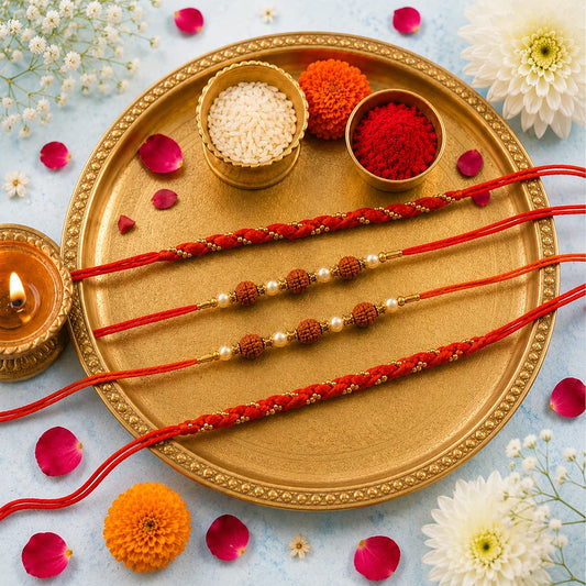 Set of 4 Mauli & Rudraksha Rakhi | Spiritual Rakhi Gift for Brothers