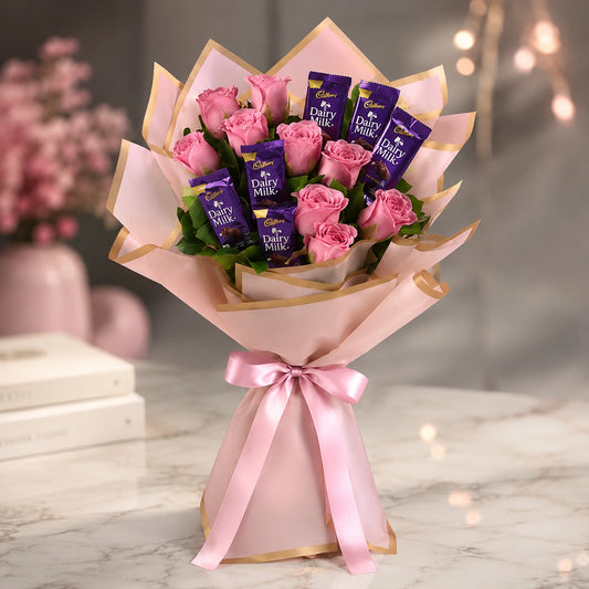 9 Baby Pink Roses & Dairy Milk Chocolate Bouquet