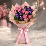 9 Baby Pink Roses & Dairy Milk Chocolate Bouquet