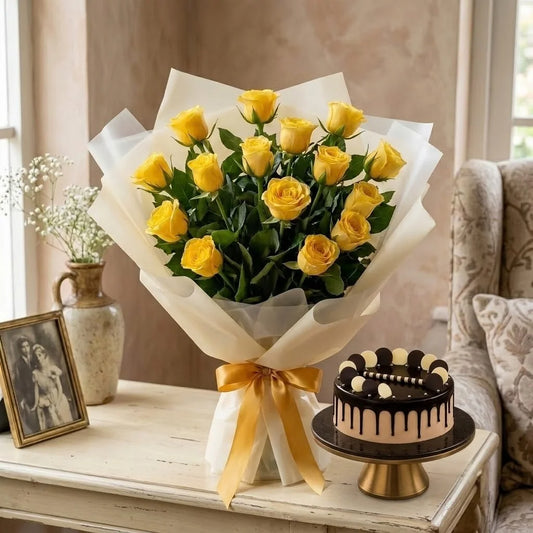15 Yellow Roses Bouquet with Half Kg Chocolate Cream Cake Combo