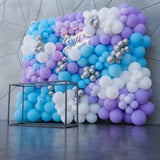 Blue & Lavender Balloon Wall with Neon Birthday Sign