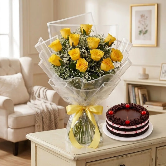 12 Yellow Roses Bouquet with Half Kg Black Forest Cake Combo