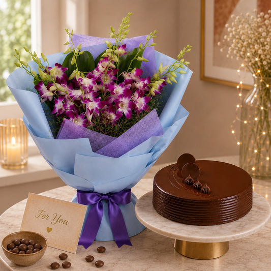 10 Purple Orchids With Eggless Chocolate Truffle Cake