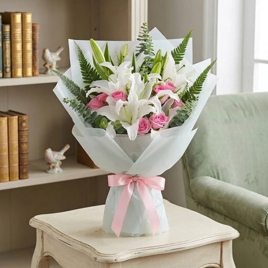 5 White Lilies & 8 Revival Pink Roses Bouquet in White Wrap