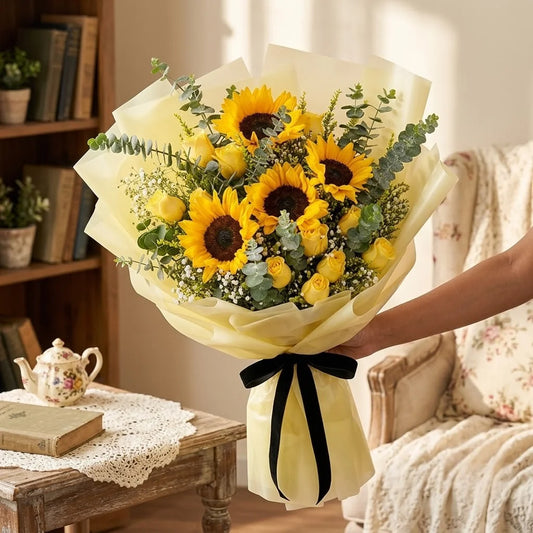 4 Sunflowers & 10 Yellow Roses Bouquet with Eucalyptus in Yellow Wrap