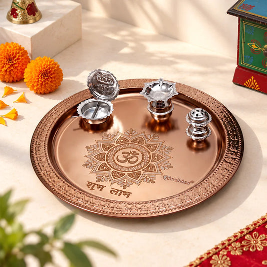 Om Shubh Laabh Copper Pooja Thali Set
