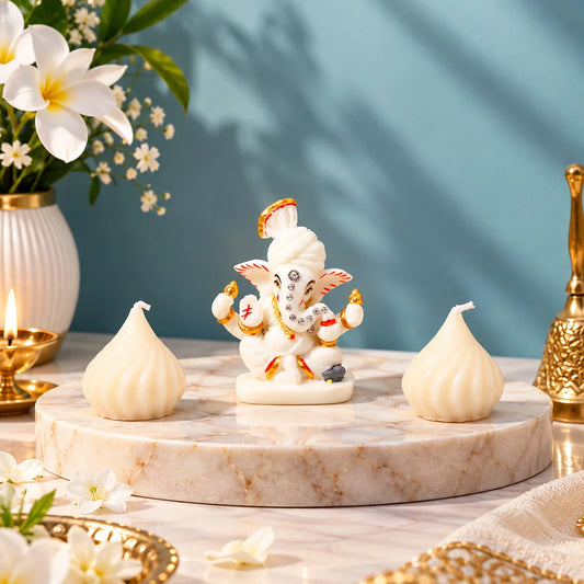 Ganesha Idol with Set of 2 Modak Diyas - White