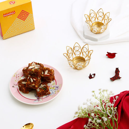 Handcrafted Lotus Diya Set of 2 with Dodha Barfi