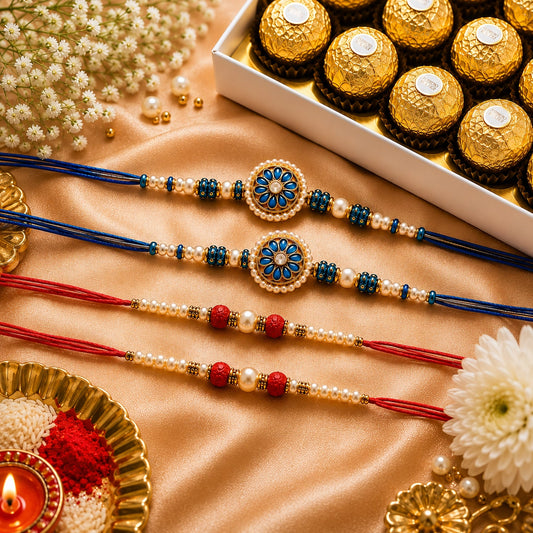 Set Of 4 Designer Rakhi With Ferrero Rocher Indulgence Box