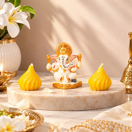 Ganesha Idol with Set of 2 Modak Diyas - Yellow