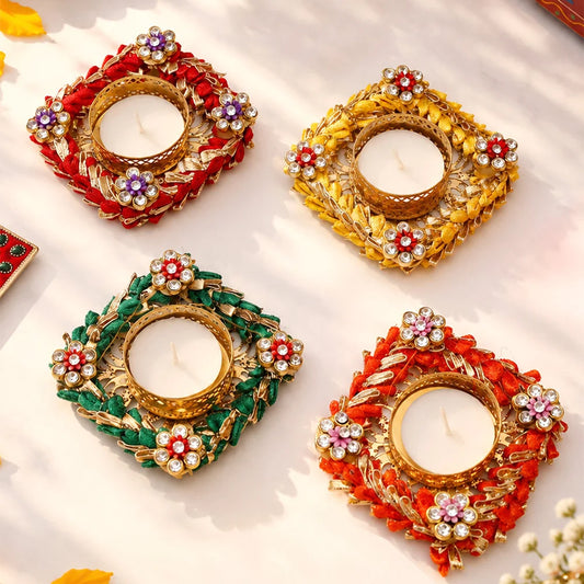 Set of 4 Multicolor Kundan Diya Holders