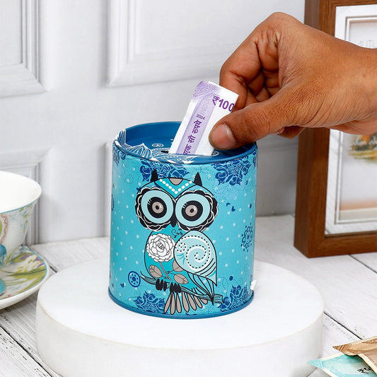 Boho Teal Owl Tin Money Box