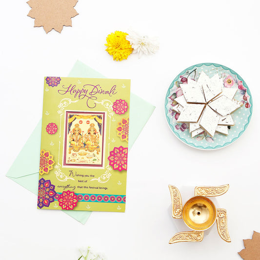Akhand Jyoti Diya with Greeting Card and Kaju Barfi