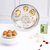 Silver Pooja Thali Set with Besan Ladoo and Attar