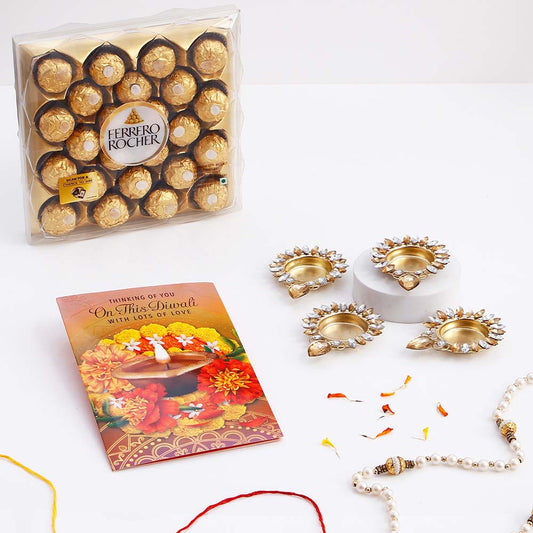 Delightful Ferrero Chocolate Tray and Diya with Greeting Card Gift Set
