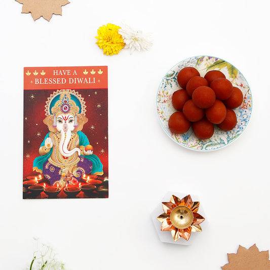 Akhand Jyoti Diya with Greeting Card and Gulab Jamun