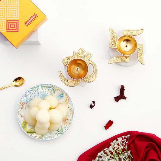 OM and Swastik Diya with Rasgulla