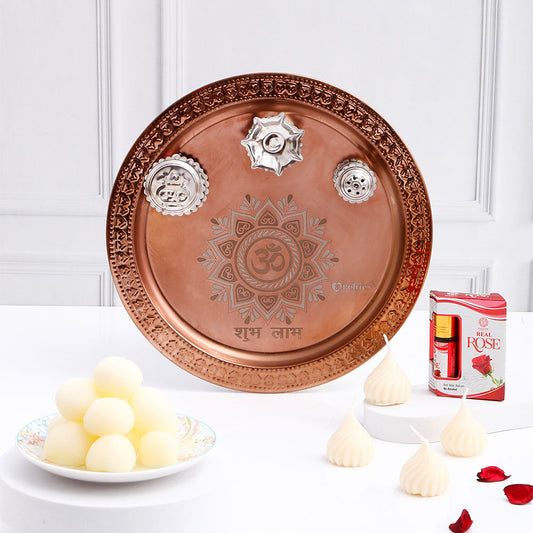 Copper Pooja Thali Set with Rasgulla and Attar