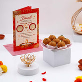 Akhand Jyoti Diya with Greeting Card and Besan Ladoo