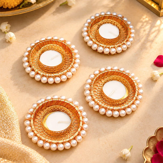 Set of 4 Gold-Tone Pearl Beaded Round Diya