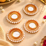 Set of 4 Gold-Tone Pearl Beaded Round Diya