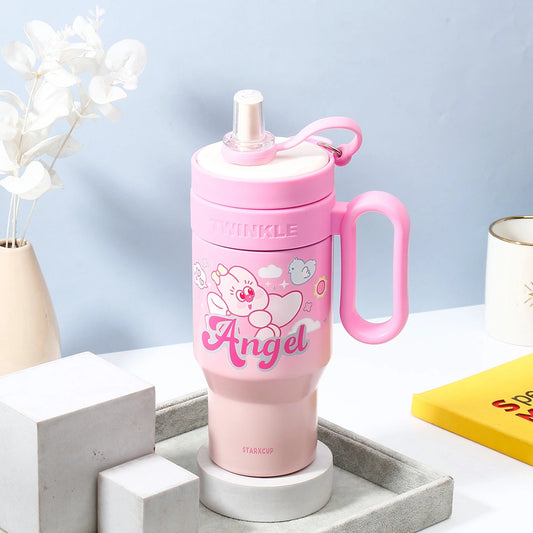 Twinkle Cartoon Tumbler with Straw & Handle – Pink