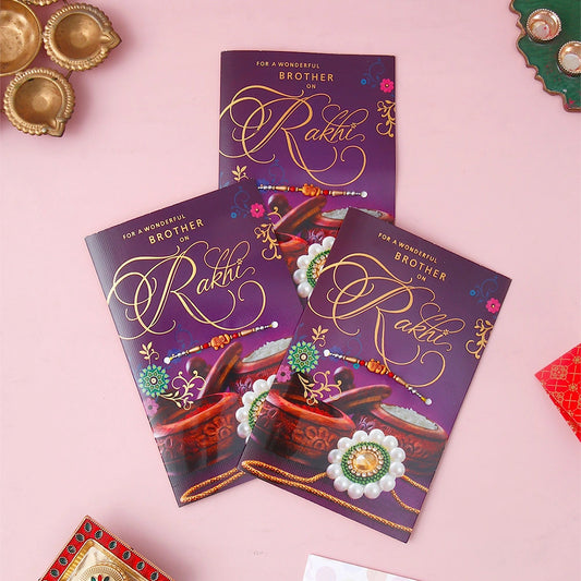 Pack Of 3 For Wonderful Brother Rakhi with Greeting Card With Envelope