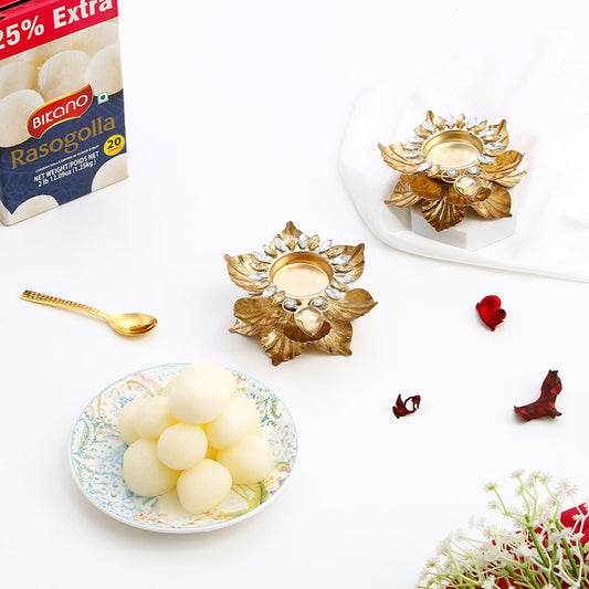 Handcrafted Leaves Diya Set of 2 with Rasgulla