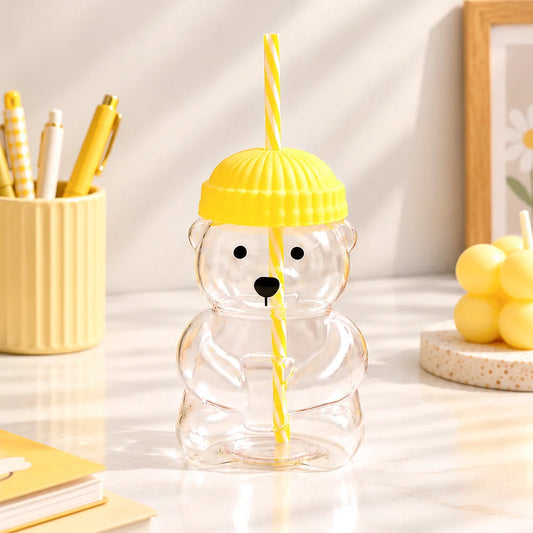 Bear Glass Sipper with Yellow Lid & Straw