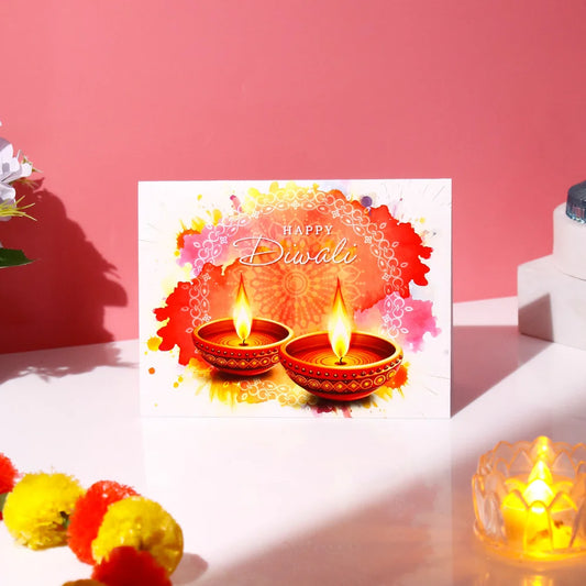 Pack of 50 Diwali Diyas Watercolor Greeting Card