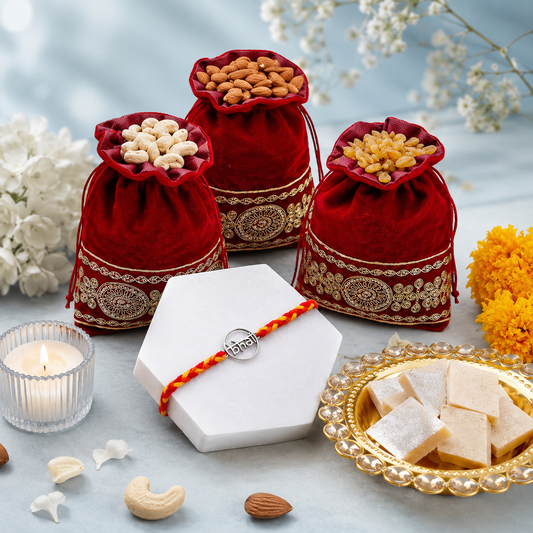Archies Silver Bhai Charm Rakhi with Kaju Katli and Dry Fruits