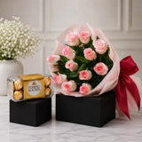 12 Pink Roses & Ferrero Rocher Chocolate Bouquet
