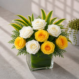 Yellow & White Roses Bouquet in Glass Vase