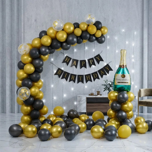 Black & Gold Champagne Balloon Arch Decor
