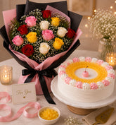 12 Mixed Roses With Pineapple Cake