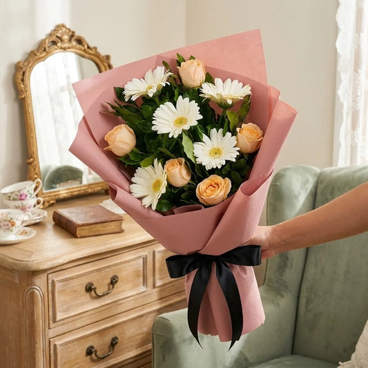 5 White Gerberas & 5 Peach Roses Bouquet in Peach Wrap with Black Ribbon