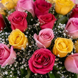 Dark Pink & Yellow Roses Arrangement in Glass Vase