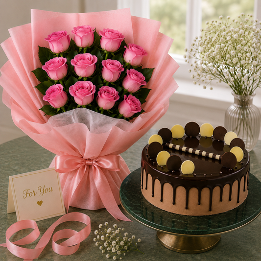 12 Aqua Pink Roses With Chocolate Cream Cake