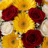 Yellow Gerbera & Red Rose Bouquet in Glass Vase