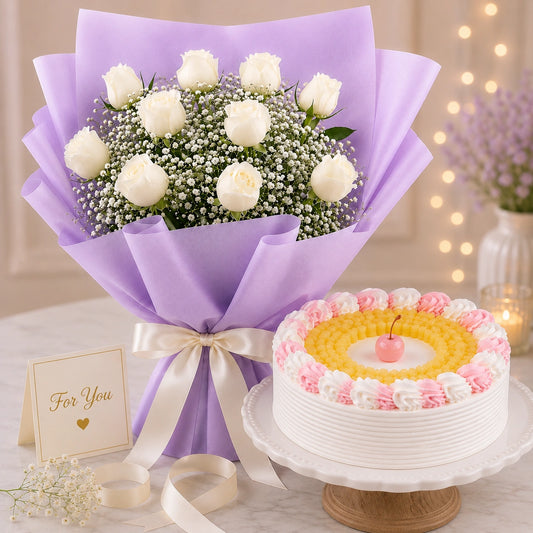10 White Roses With Pineapple Cake