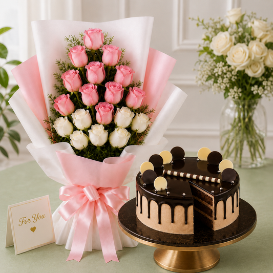 7 Pink Roses & 8 White Roses With Eggless Chocolate Cream Cake