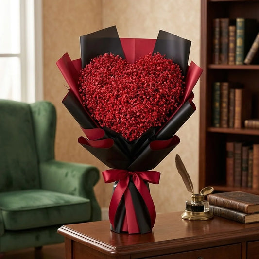 Heart-Shaped Red Gypsophila Bouquet in Black & Red Paper