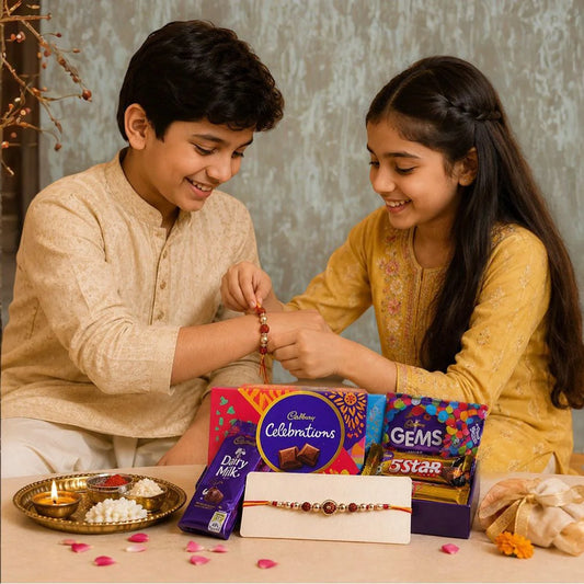 Rudraksha Rakhi with Cadbury Celebrations Chocolate | Spiritual Rakhi Combo